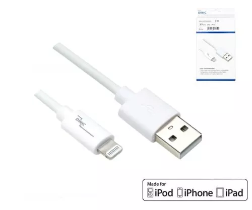 USB A Lightning kaabel 2m, valge, DINIC Box